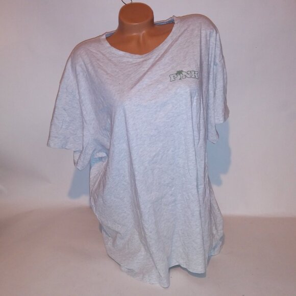 Victoria Secret PINK T Shirt VS Tee Gray Marl Green Logo Crew Neck Short Sleeve - Picture 4 of 11